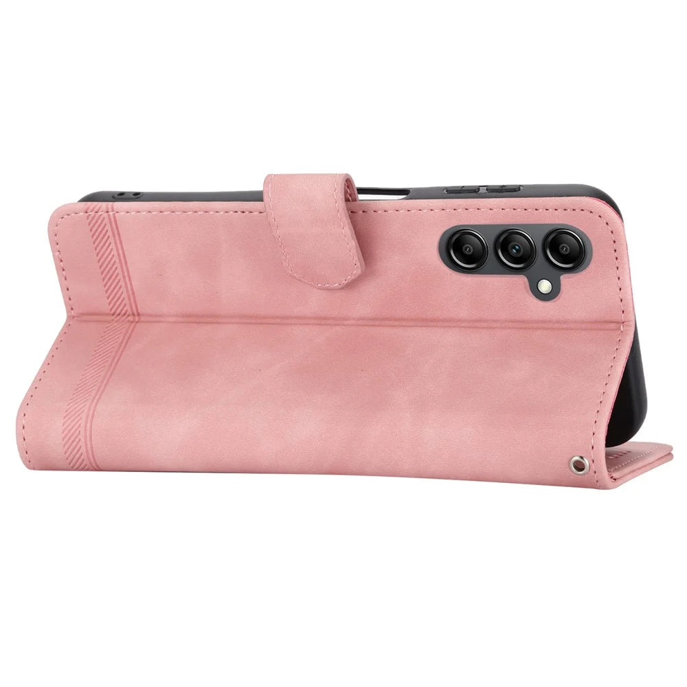 DIERFENG DF-03 For Samsung Galaxy M14 5G Wallet Phone Case Lines Imprinted Leather Flip Cover with Stand - Pink - 3