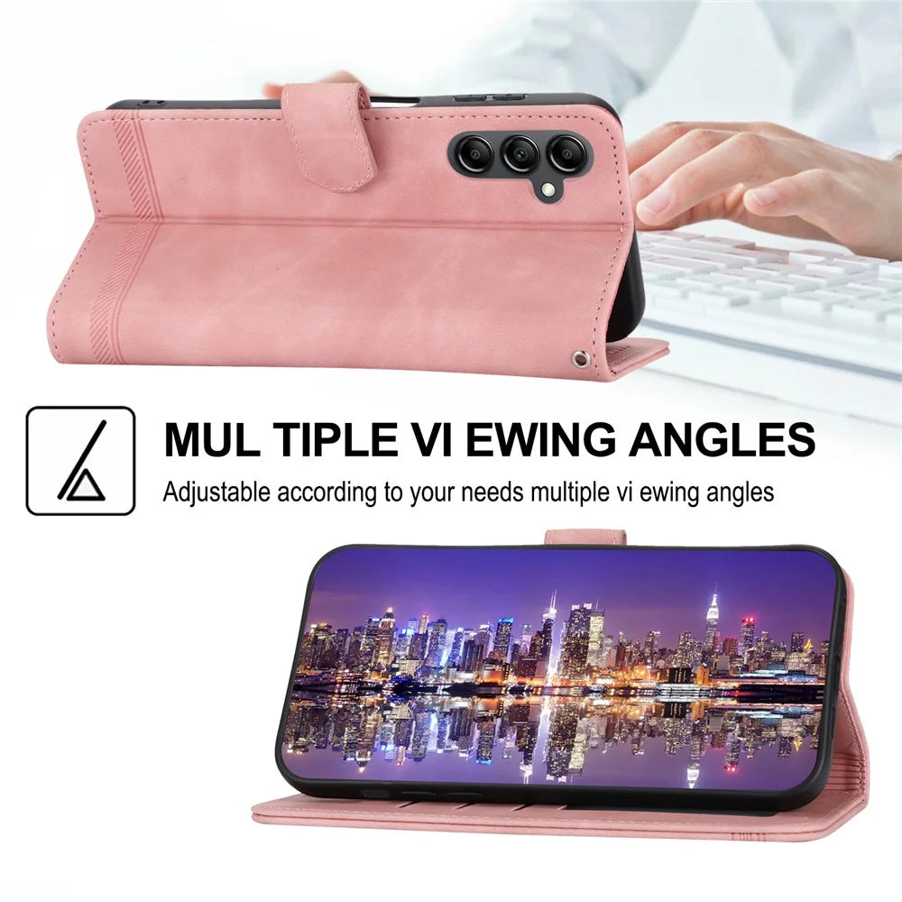 DIERFENG DF-03 For Samsung Galaxy M14 5G Wallet Phone Case Lines Imprinted Leather Flip Cover with Stand - Pink - 4