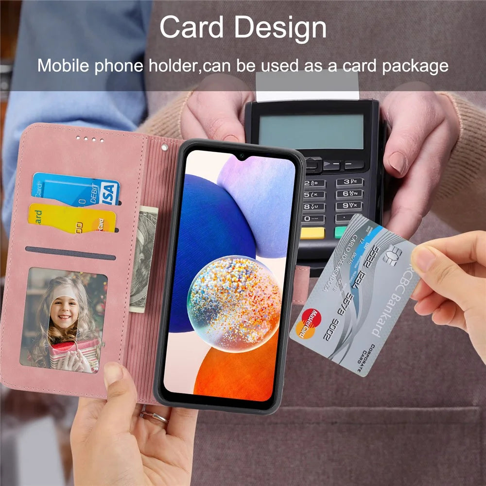 DIERFENG DF-03 For Samsung Galaxy M14 5G Wallet Phone Case Lines Imprinted Leather Flip Cover with Stand - Pink - 6