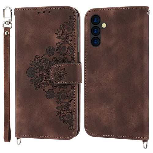 Wallet Phone Case for Samsung Galaxy M14 5G Imprinted Flower Skin-Touch Leather Cover with Strap - Brown - 1