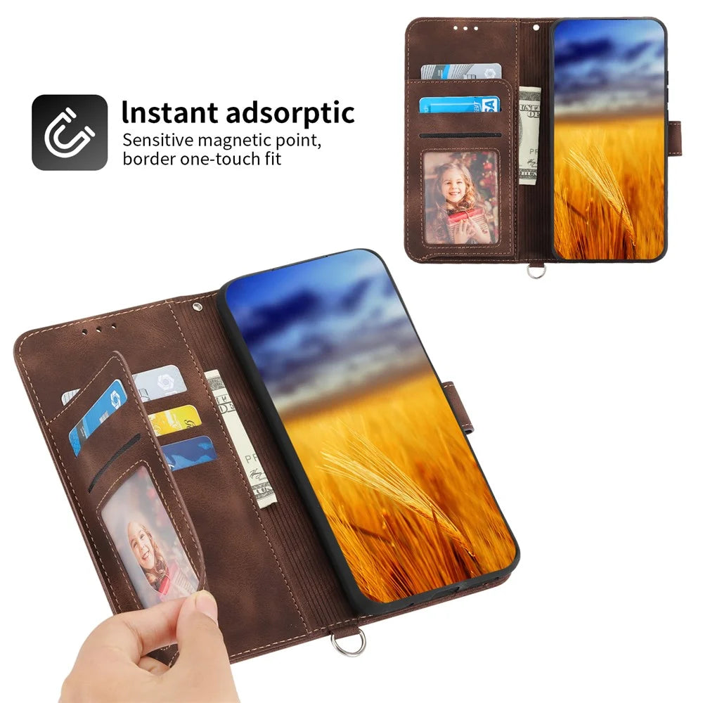 Wallet Phone Case for Samsung Galaxy M14 5G Imprinted Flower Skin-Touch Leather Cover with Strap - Brown - 2