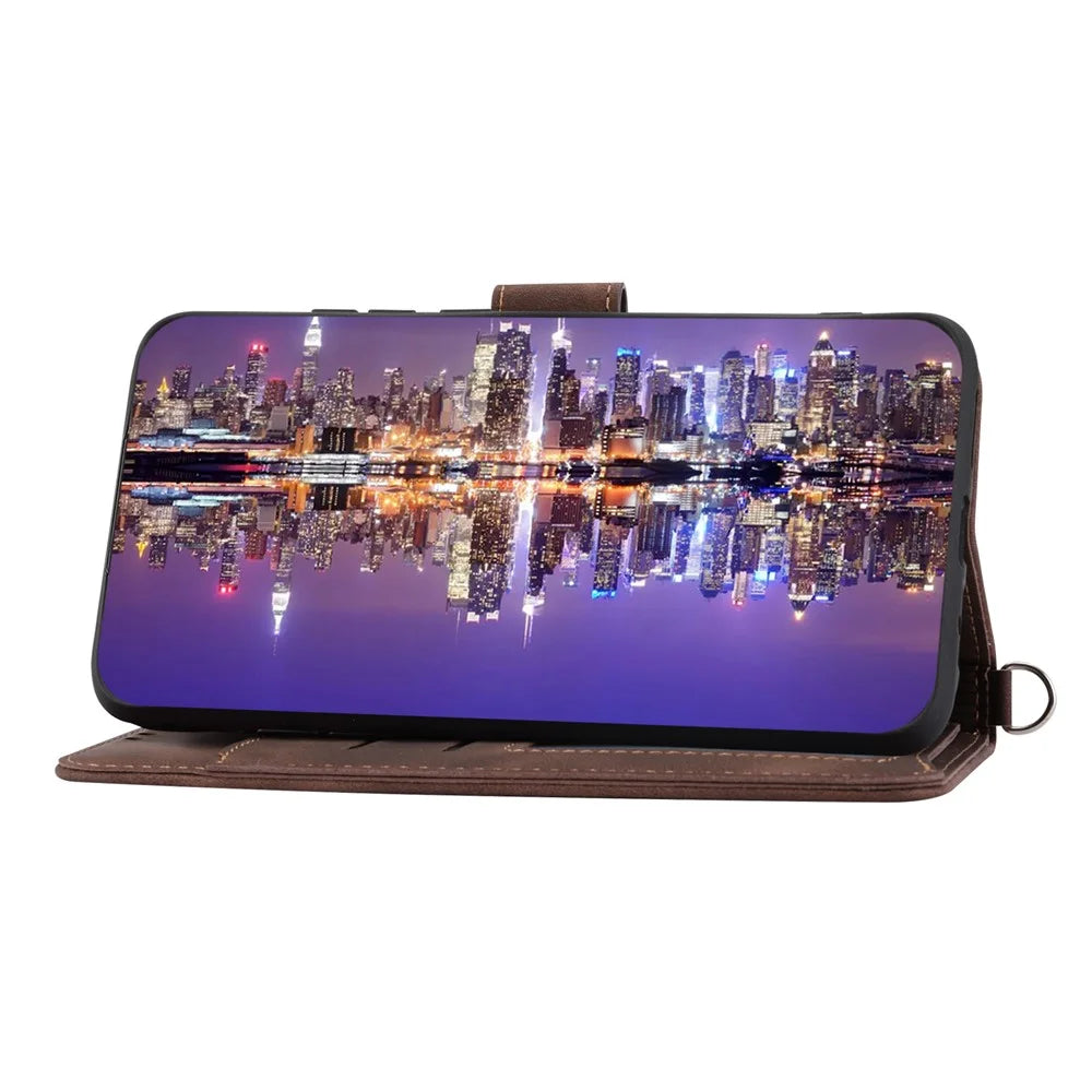 Wallet Phone Case for Samsung Galaxy M14 5G Imprinted Flower Skin-Touch Leather Cover with Strap - Brown - 4