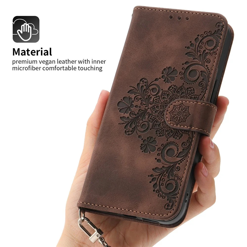 Wallet Phone Case for Samsung Galaxy M14 5G Imprinted Flower Skin-Touch Leather Cover with Strap - Brown - 6