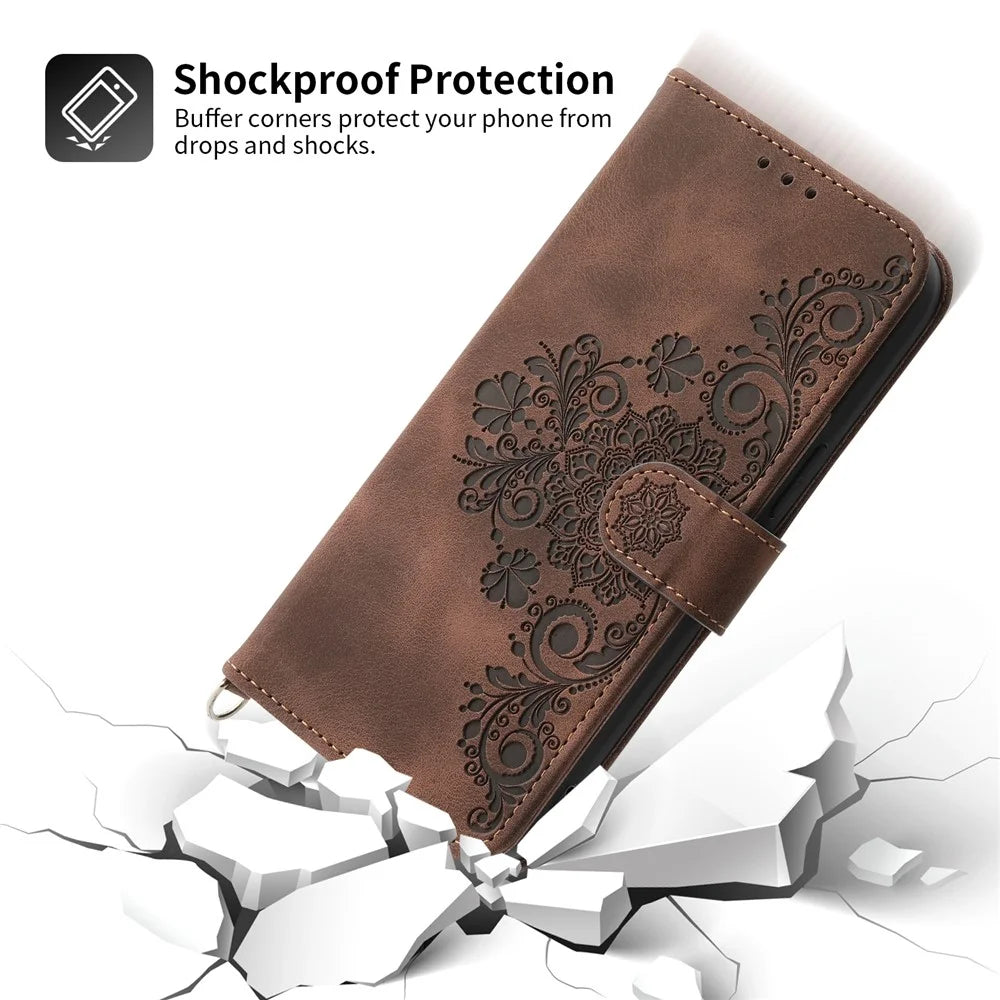 Wallet Phone Case for Samsung Galaxy M14 5G Imprinted Flower Skin-Touch Leather Cover with Strap - Brown - 7