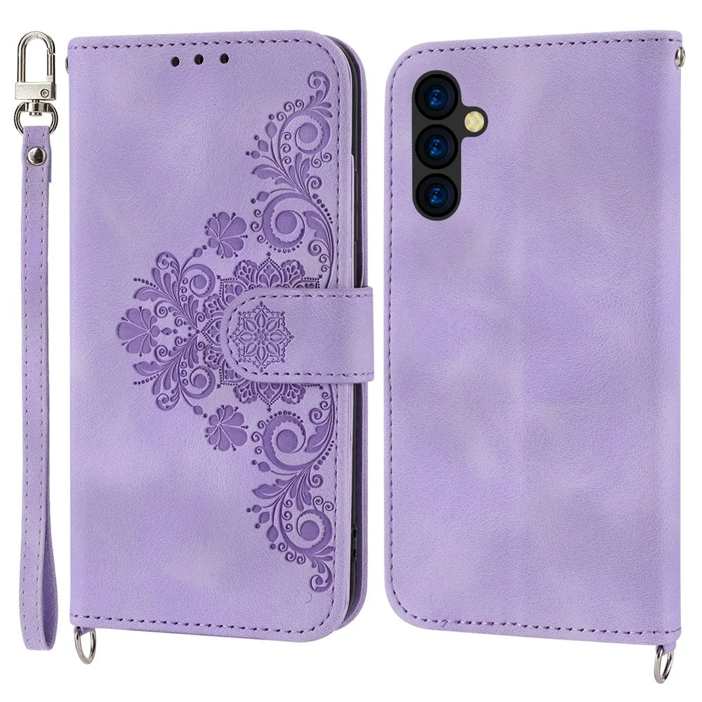 Flower Imprinted Phone Shell for Samsung Galaxy A24 4G (162.1 x 77.6 x 8.3mm) Anti-Drop Phone Case Skin-Touch Leather Cover with Strap - Light Purple - 1
