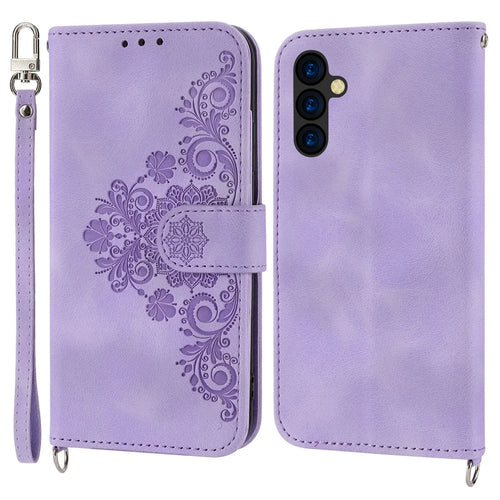 Flower Imprinted Phone Shell for Samsung Galaxy A24 4G (162.1 x 77.6 x 8.3mm) Anti-Drop Phone Case Skin-Touch Leather Cover with Strap - Light Purple - 1