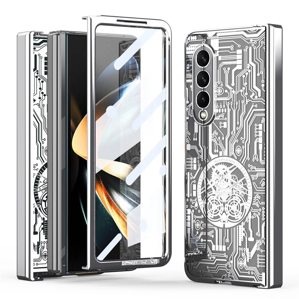 Folding Phone Case for Samsung Galaxy Z Fold3 5G Mechanical Legend Series Electroplating PC Shell with Tempered Glass Film - Silver - 1