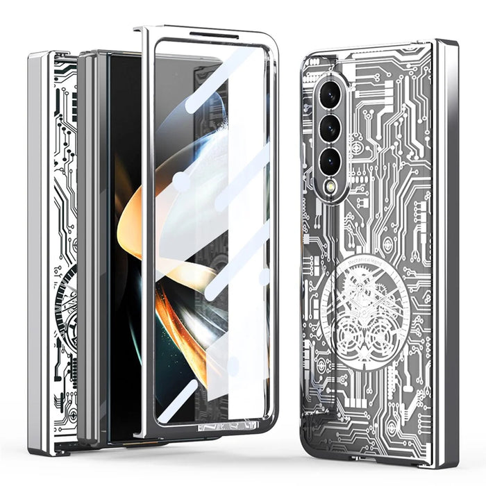 Folding Phone Case for Samsung Galaxy Z Fold3 5G Mechanical Legend Series Electroplating PC Shell with Tempered Glass Film - Silver - 1