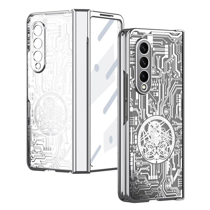 Folding Phone Case for Samsung Galaxy Z Fold3 5G Mechanical Legend Series Electroplating PC Shell with Tempered Glass Film - Silver - 2