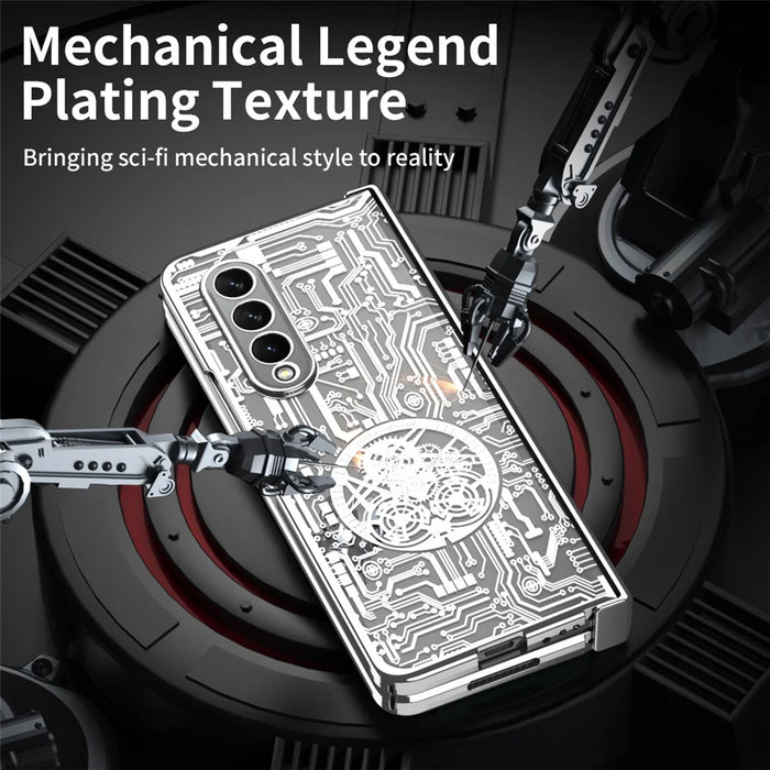 Folding Phone Case for Samsung Galaxy Z Fold3 5G Mechanical Legend Series Electroplating PC Shell with Tempered Glass Film - Silver - 3