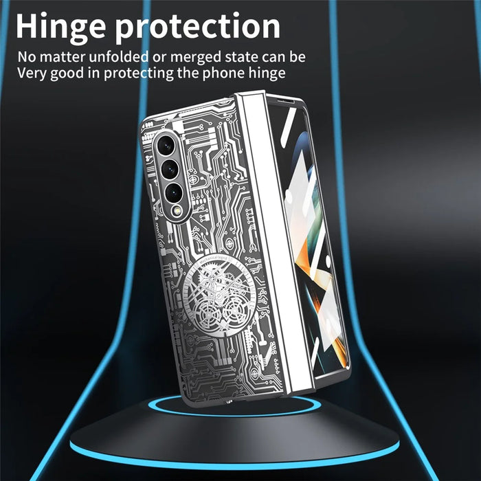Folding Phone Case for Samsung Galaxy Z Fold3 5G Mechanical Legend Series Electroplating PC Shell with Tempered Glass Film - Silver - 4