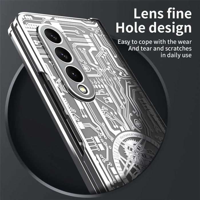 Folding Phone Case for Samsung Galaxy Z Fold3 5G Mechanical Legend Series Electroplating PC Shell with Tempered Glass Film - Silver - 5