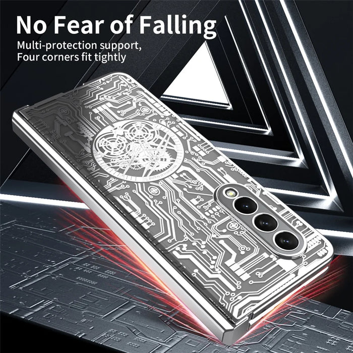 Folding Phone Case for Samsung Galaxy Z Fold3 5G Mechanical Legend Series Electroplating PC Shell with Tempered Glass Film - Silver - 6