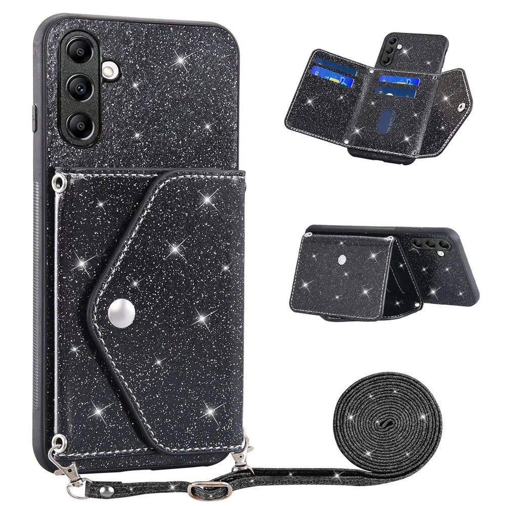 For Samsung Galaxy A14 5G / 4G PU Leather+TPU Phone Cover Kickstand Card Holder Cell Phone Case - Black - 1