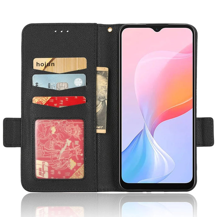 For Blackview A85 Wallet Phone Case PU Leather Litchi Texture Stand Cover with Strap - Black - 2