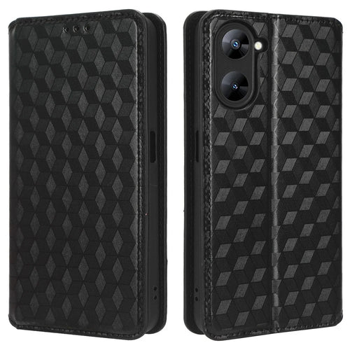 For Realme V30 5G / V30t PU Leather Wallet Case Imprinted Rhombus Pattern Stand Phone Cover - Black - 1