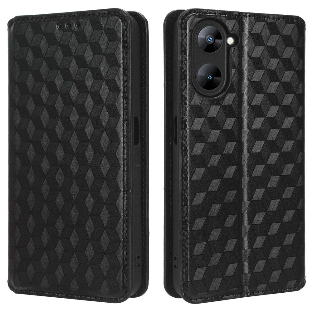 For Realme V30 5G / V30t PU Leather Wallet Case Imprinted Rhombus Pattern Stand Phone Cover - Black - 1
