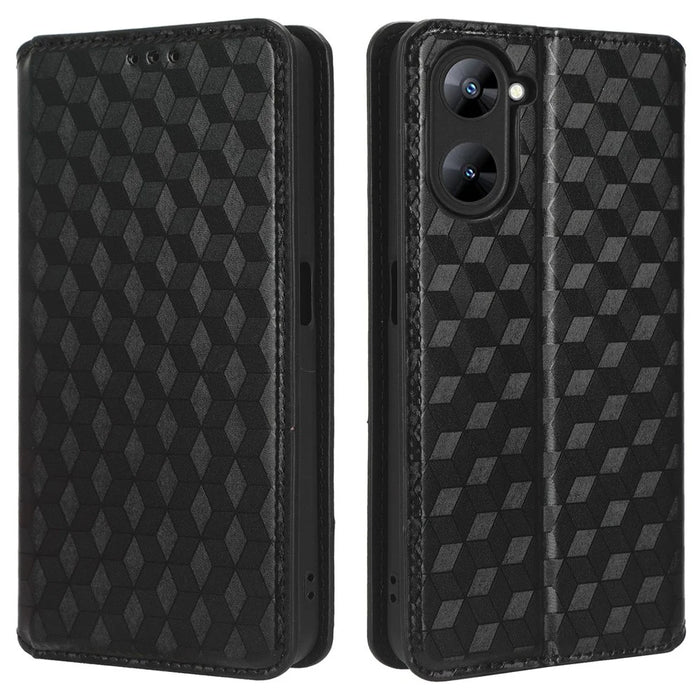 For Realme V30 5G / V30t PU Leather Wallet Case Imprinted Rhombus Pattern Stand Phone Cover - Black - 1