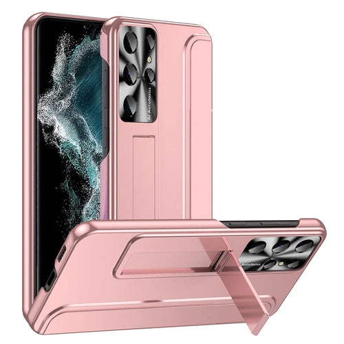 For Samsung Galaxy S22 Ultra 5G Anti-Scratch Hard PC Phone Case Electroplating Design Kickstand Protective Cover - Rose Gold - 1