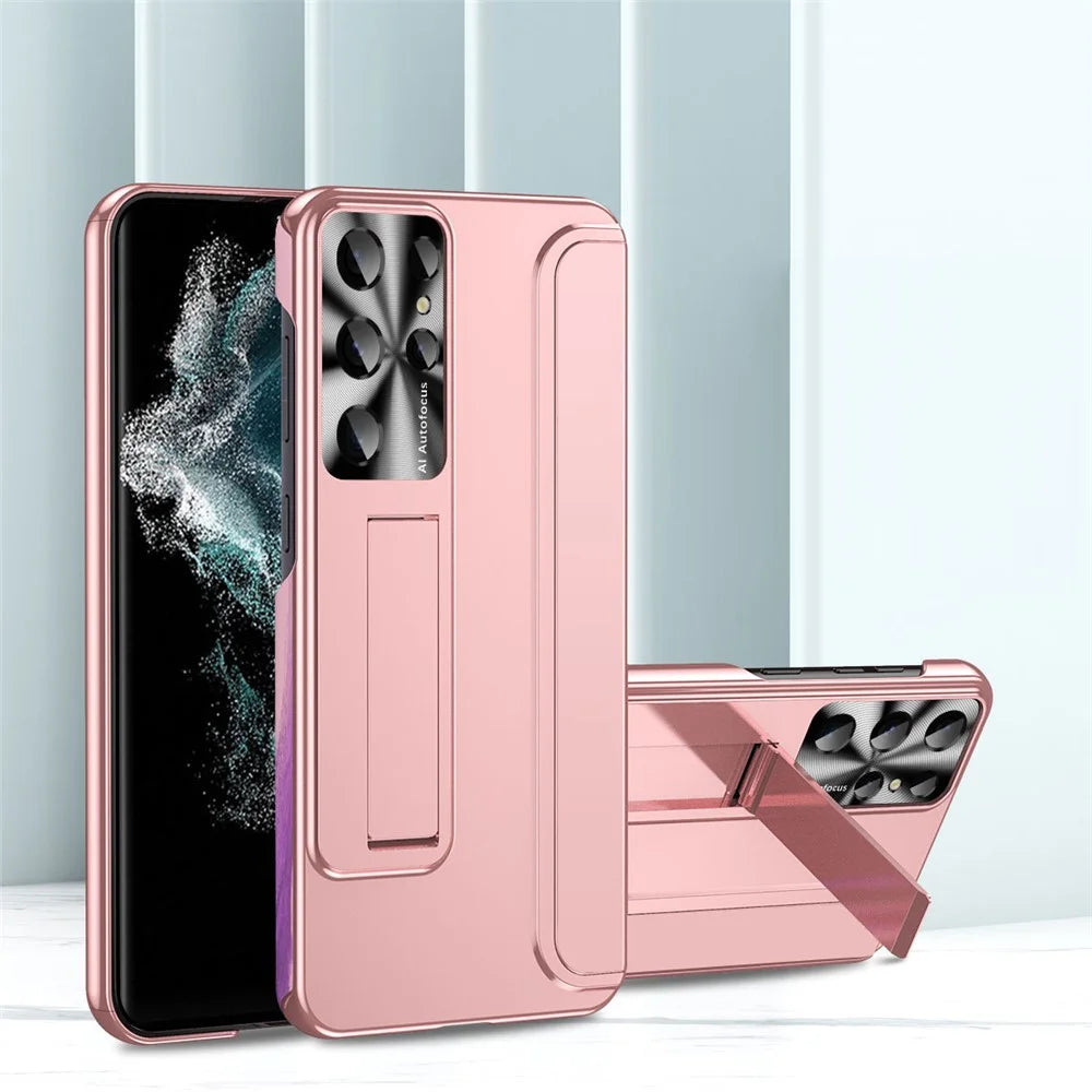 For Samsung Galaxy S22 Ultra 5G Anti-Scratch Hard PC Phone Case Electroplating Design Kickstand Protective Cover - Rose Gold - 2