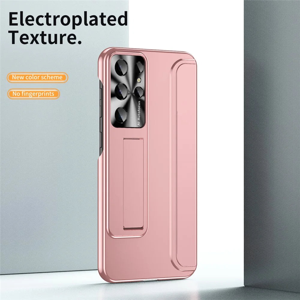 For Samsung Galaxy S22 Ultra 5G Anti-Scratch Hard PC Phone Case Electroplating Design Kickstand Protective Cover - Rose Gold - 3