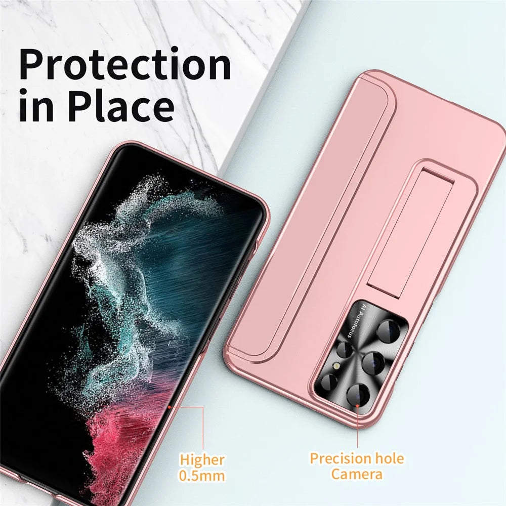 For Samsung Galaxy S22 Ultra 5G Anti-Scratch Hard PC Phone Case Electroplating Design Kickstand Protective Cover - Rose Gold - 4
