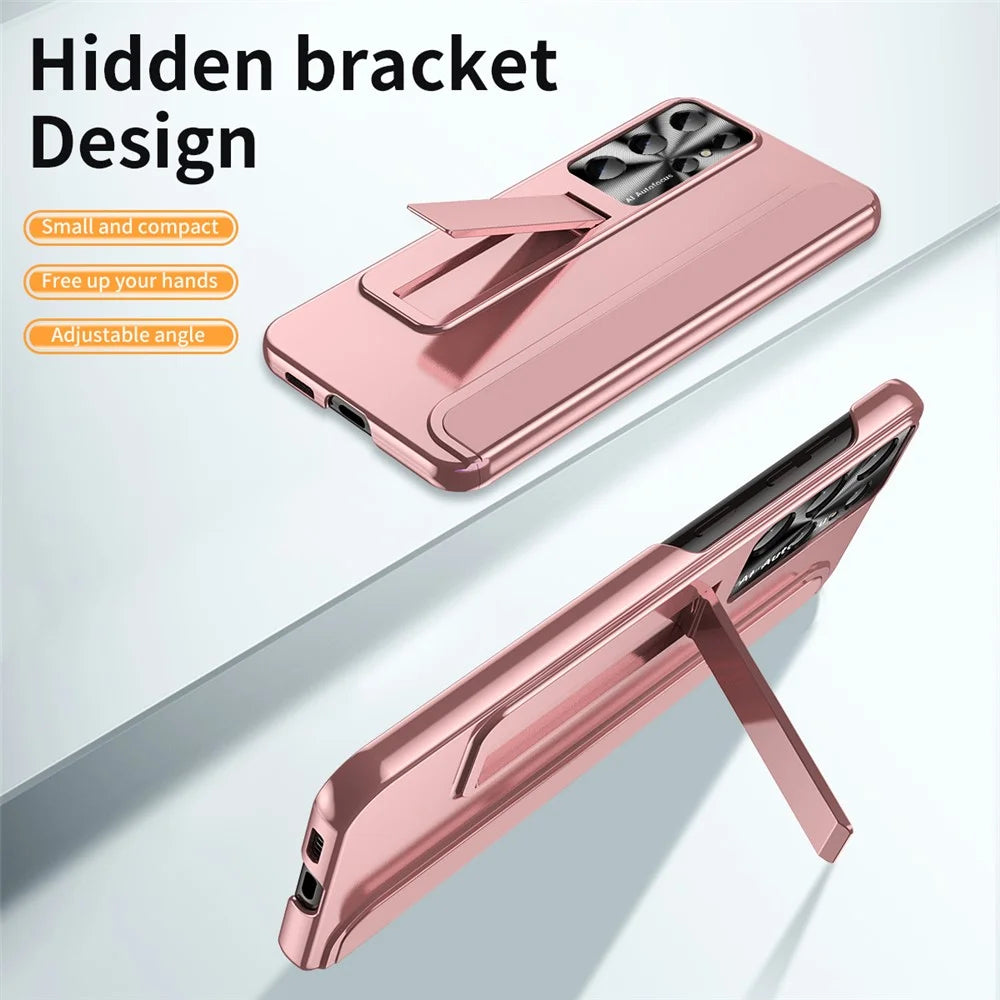 For Samsung Galaxy S22 Ultra 5G Anti-Scratch Hard PC Phone Case Electroplating Design Kickstand Protective Cover - Rose Gold - 5