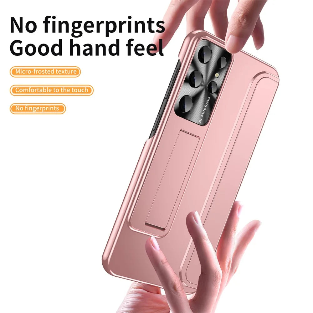 For Samsung Galaxy S22 Ultra 5G Anti-Scratch Hard PC Phone Case Electroplating Design Kickstand Protective Cover - Rose Gold - 6