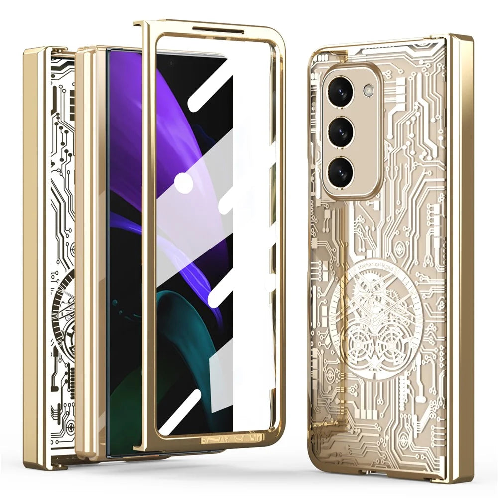 For Samsung Galaxy Z Fold2 5G Mechanical Legend Series Hinge Protection Phone Case Hard PC Electroplating Cover with Tempered Glass Film - Gold - 1