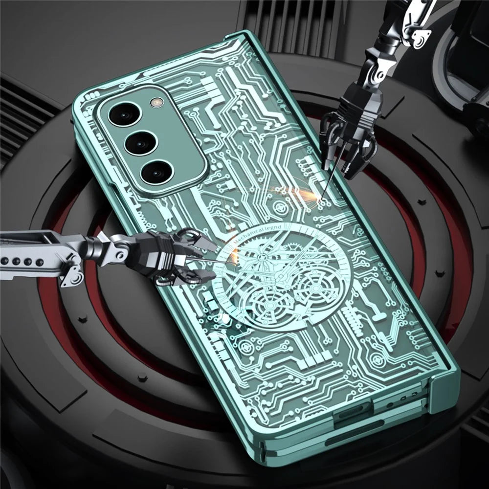 For Samsung Galaxy Z Fold2 5G Mechanical Legend Series Hinge Protection Phone Case Hard PC Electroplating Cover with Tempered Glass Film - Gold - 3