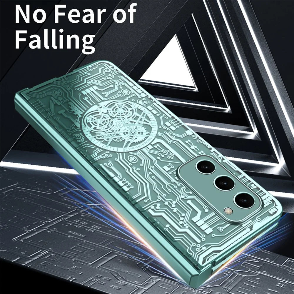 For Samsung Galaxy Z Fold2 5G Mechanical Legend Series Hinge Protection Phone Case Hard PC Electroplating Cover with Tempered Glass Film - Gold - 6