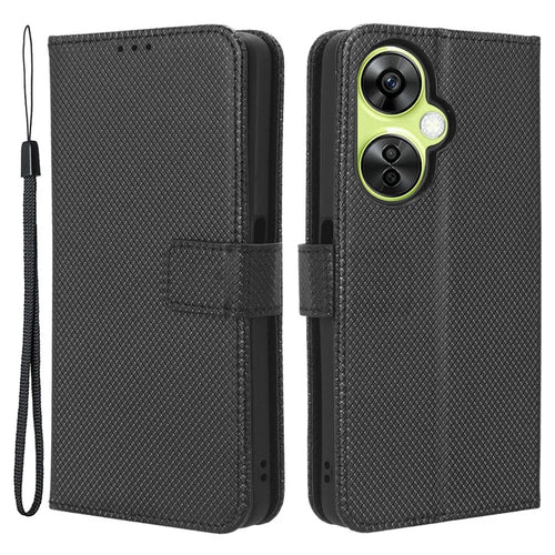For OnePlus Nord CE 3 Lite 5G / Nord N30 5G Phone Case Wallet Stand Diamond Texture Phone Leather Cover - Black - 1