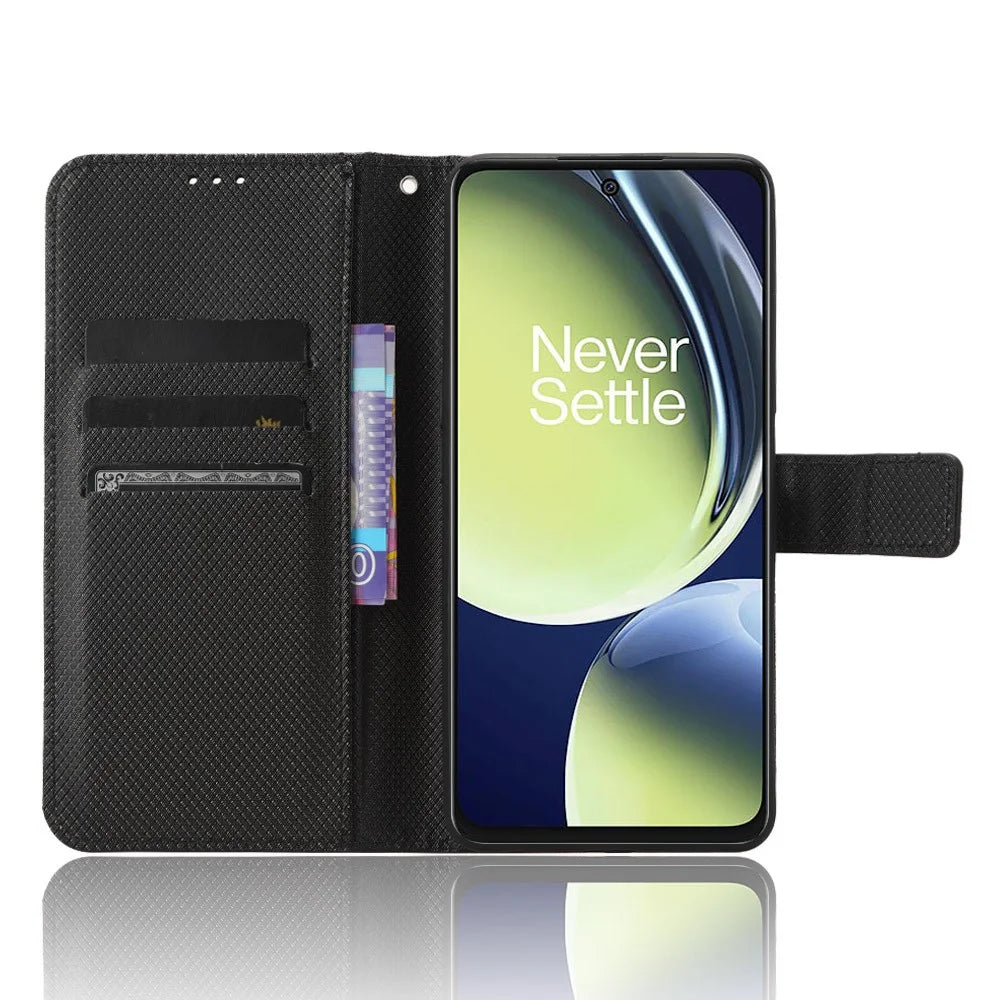 For OnePlus Nord CE 3 Lite 5G / Nord N30 5G Phone Case Wallet Stand Diamond Texture Phone Leather Cover - Black - 2