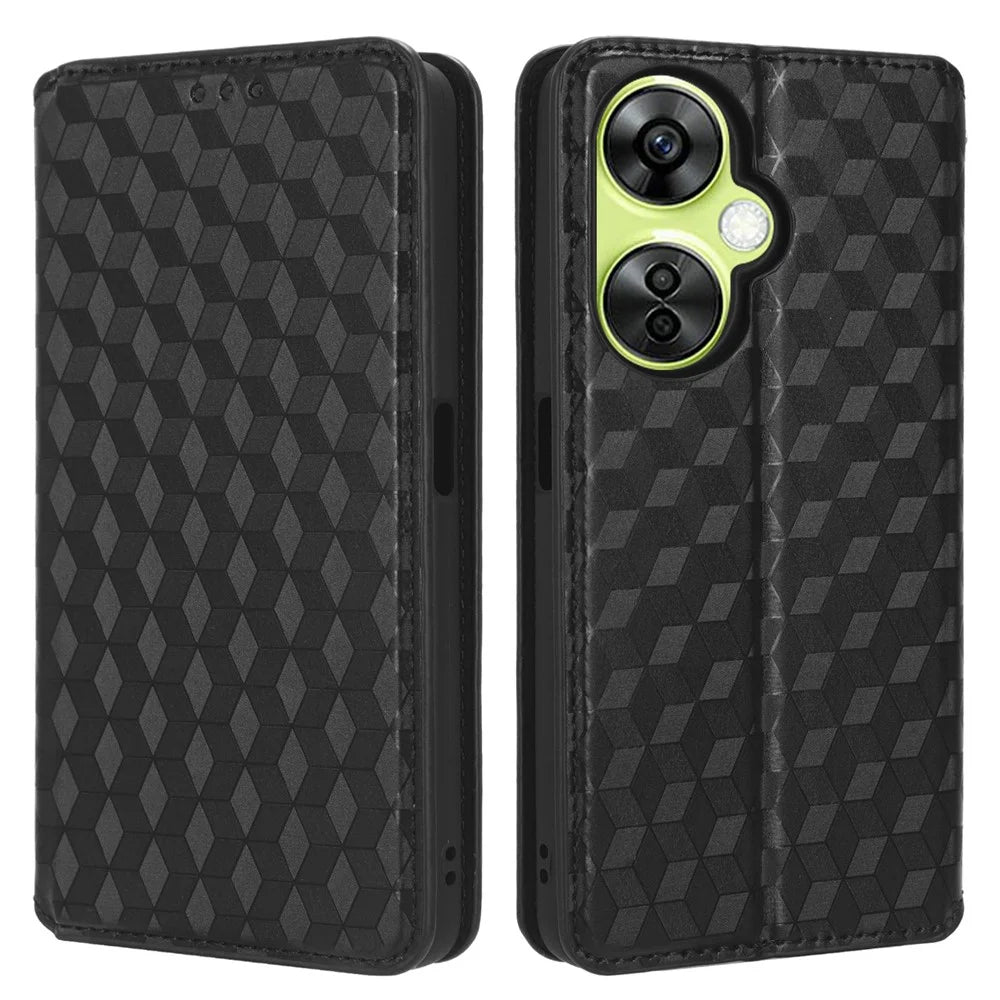 For OnePlus Nord CE 3 Lite 5G / Nord N30 5G Leather Phone Cover Stand Imprinted Rhombus Pattern Phone Wallet Case - Black - 1