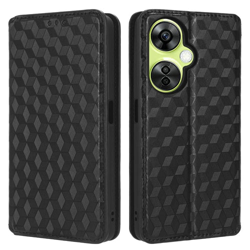 For OnePlus Nord CE 3 Lite 5G / Nord N30 5G Leather Phone Cover Stand Imprinted Rhombus Pattern Phone Wallet Case - Black - 1