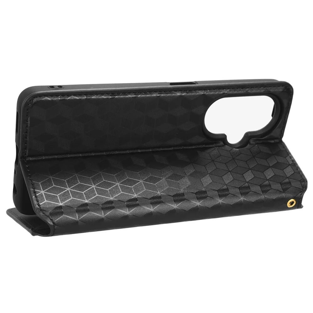 For OnePlus Nord CE 3 Lite 5G / Nord N30 5G Leather Phone Cover Stand Imprinted Rhombus Pattern Phone Wallet Case - Black - 3