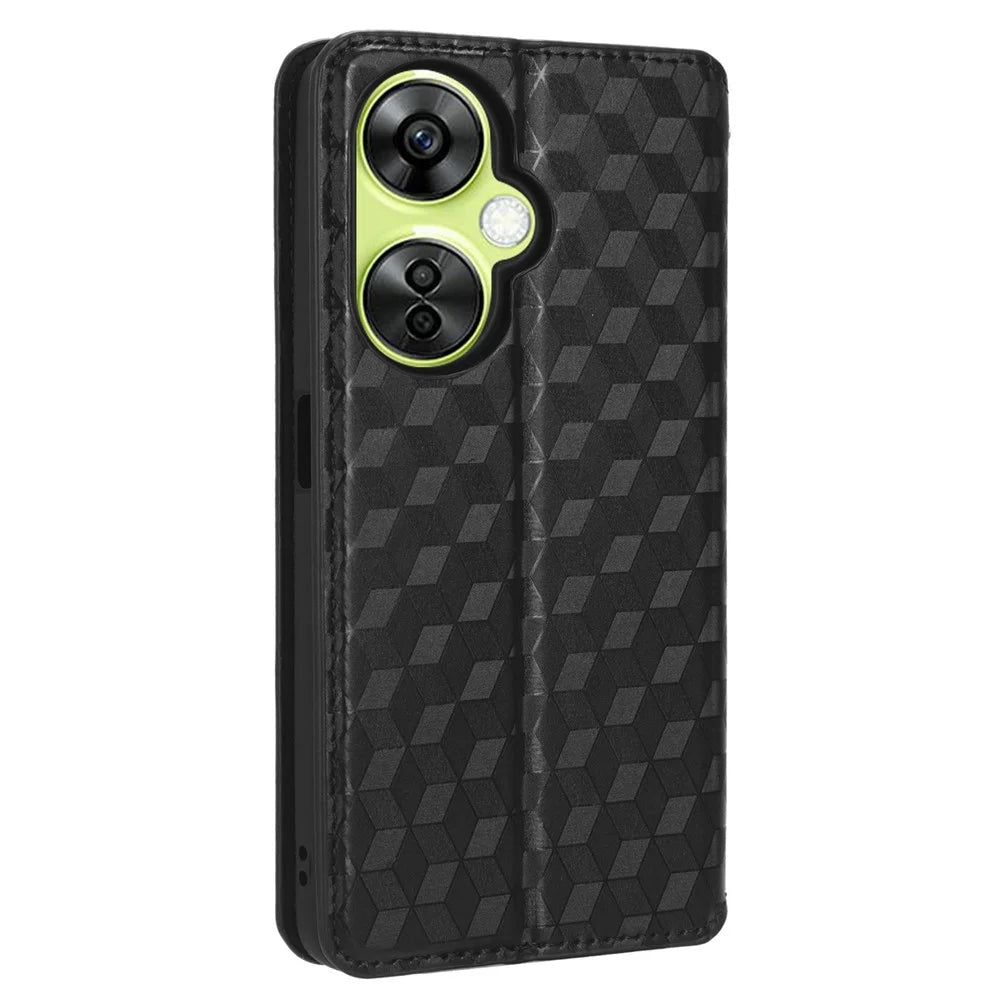 For OnePlus Nord CE 3 Lite 5G / Nord N30 5G Leather Phone Cover Stand Imprinted Rhombus Pattern Phone Wallet Case - Black - 6