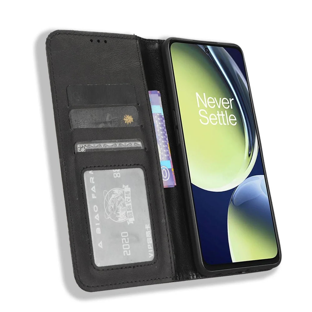 For OnePlus Nord CE 3 Lite 5G / Nord N30 5G Wallet Phone Case Retro PU Leather Mobile Phone Stand Cover - Black - 2