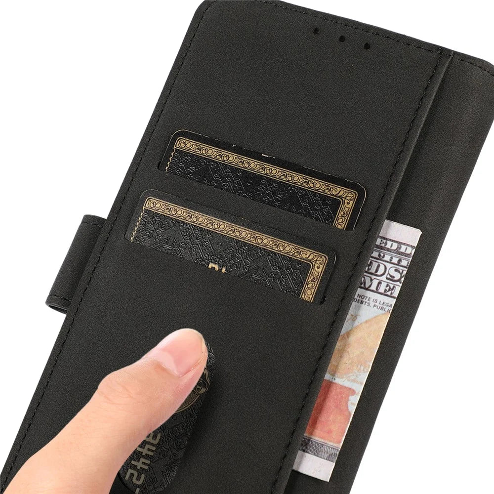 KHAZNEH Protective Cover for Nokia C32 Textured PU Leather Cell Phone Case with Wallet Stand - Black - 4