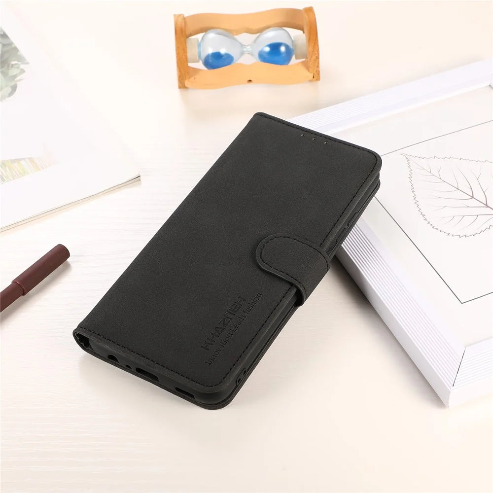 KHAZNEH Protective Cover for Nokia C32 Textured PU Leather Cell Phone Case with Wallet Stand - Black - 6