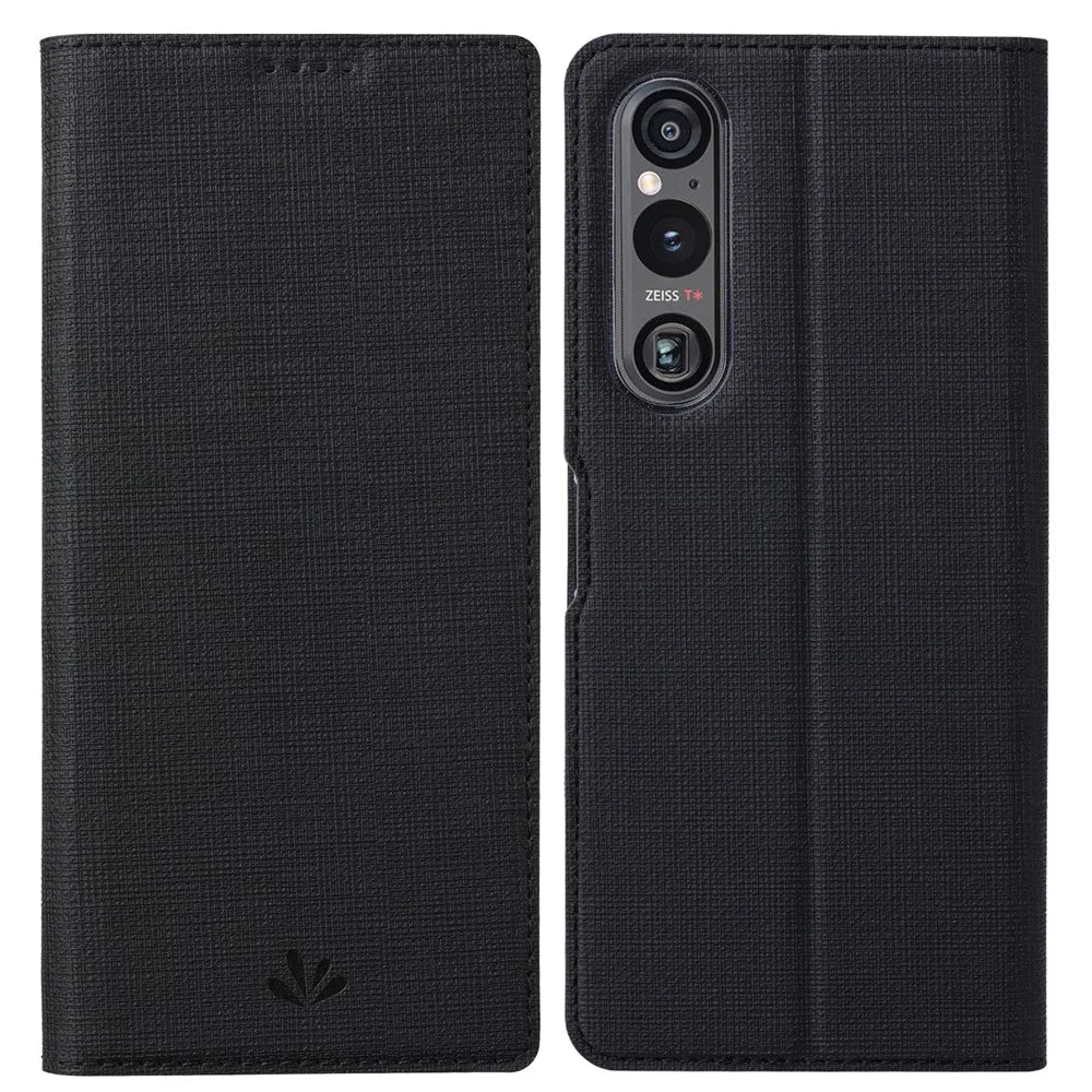 VILI DMX Series Phone Stand Cover for Sony Xperia 1 IV 5G , PU Leather Anti-Scratch Card Slots Phone Case - Black - 1