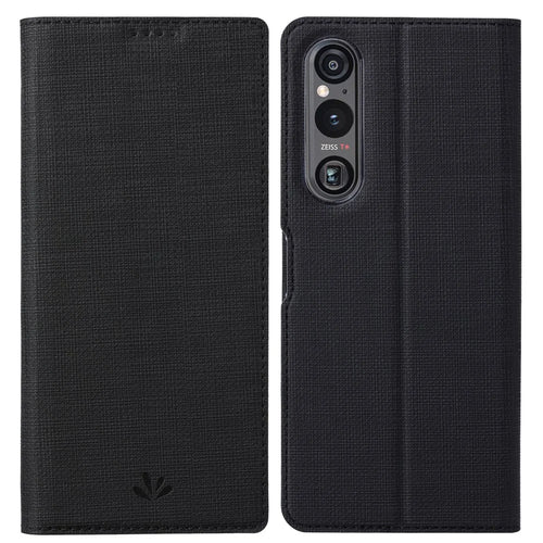 VILI DMX Series Phone Stand Cover for Sony Xperia 1 IV 5G , PU Leather Anti-Scratch Card Slots Phone Case - Black - 1