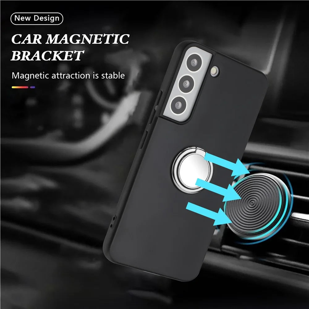 Ring Kickstand TPU Cover for Samsung Galaxy S21 FE 5G Matte Phone Case Support Car Magnet Mount - Silver - 3