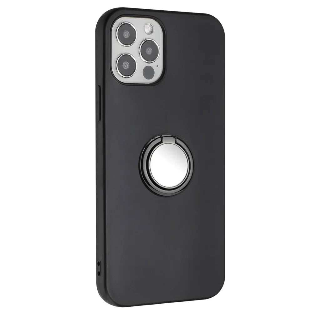 Mobile Phone Shell for iPhone 12 / 12 Pro 6.1 inch Ring Holder Kickstand Matte TPU Cover Support Car Magnet Mount - Black - 1