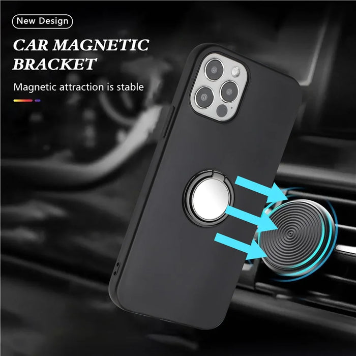 Mobile Phone Shell for iPhone 12 / 12 Pro 6.1 inch Ring Holder Kickstand Matte TPU Cover Support Car Magnet Mount - Black - 3