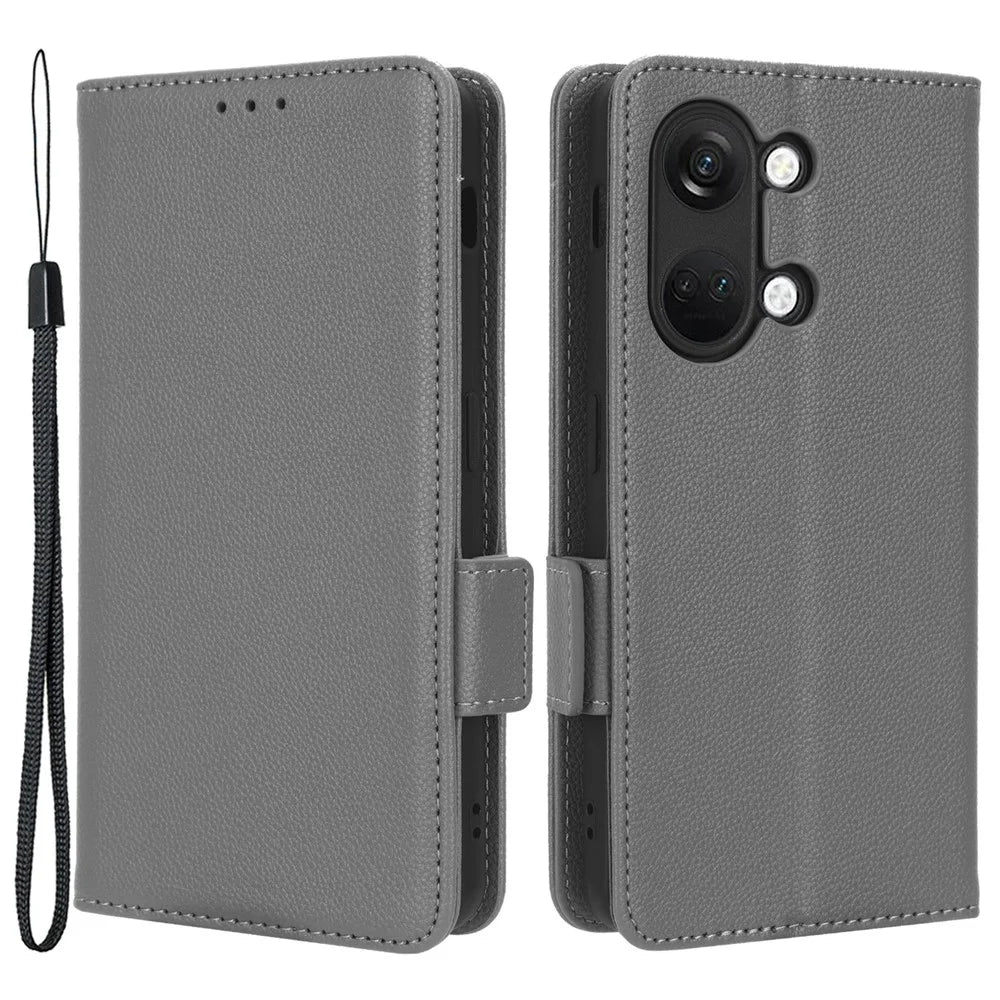 PU Leather Case for OnePlus Nord 3 5G / Ace 2V Litchi Texture Folio Flip Wallet Stand Phone Cover - Grey - 1