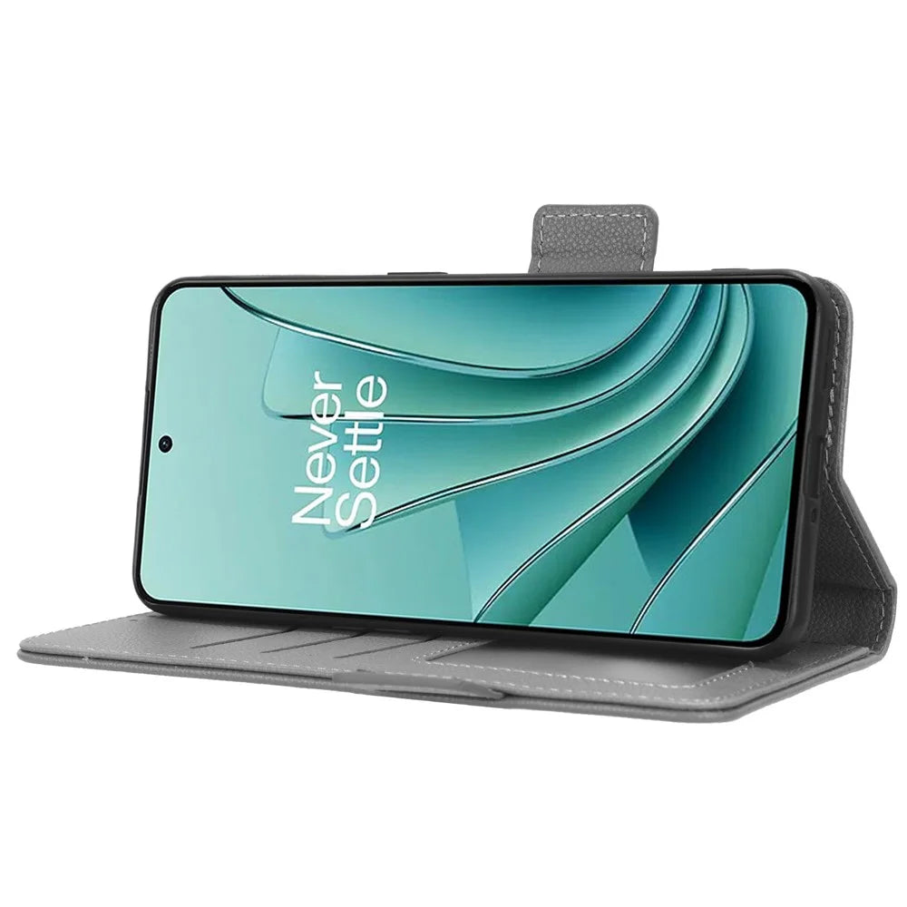 PU Leather Case for OnePlus Nord 3 5G / Ace 2V Litchi Texture Folio Flip Wallet Stand Phone Cover - Grey - 3