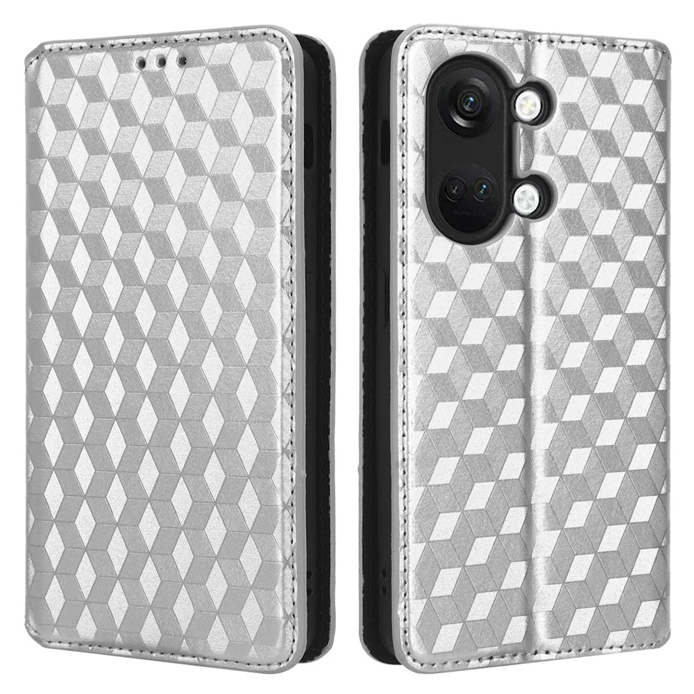 For OnePlus Nord 3 5G / Ace 2V Imprinted Rhombus Pattern PU Leather Phone Cover Stand Phone Wallet Case - Silver - 1
