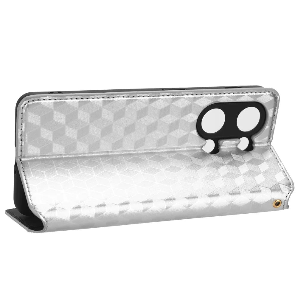 For OnePlus Nord 3 5G / Ace 2V Imprinted Rhombus Pattern PU Leather Phone Cover Stand Phone Wallet Case - Silver - 3