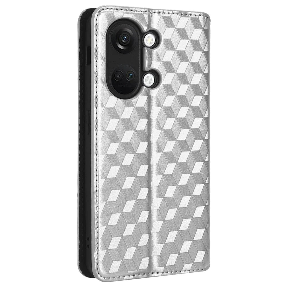 For OnePlus Nord 3 5G / Ace 2V Imprinted Rhombus Pattern PU Leather Phone Cover Stand Phone Wallet Case - Silver - 7